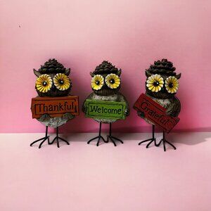 Figurine Owl Holds a Kind Sign Set of 3 Indoor/Outdoor Harvest Owls
